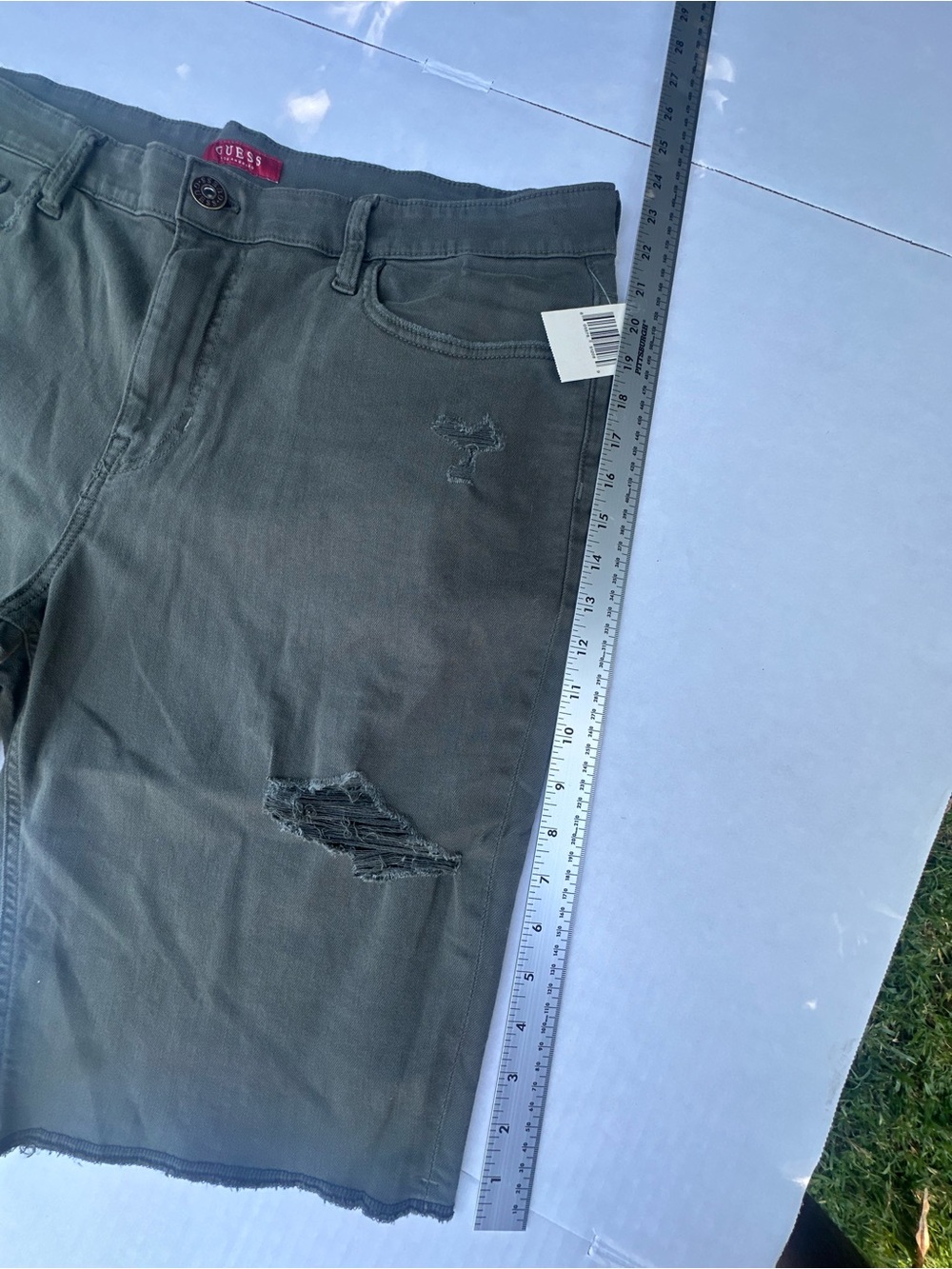 GUESS Men's Olive Green Distressed Denim Shorts - Picture 7 of 9